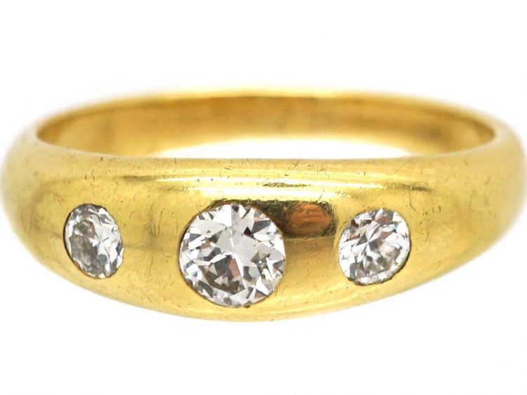 Edwardian 18ct Gold, Three Stone Diamond Rub Over Set Ring