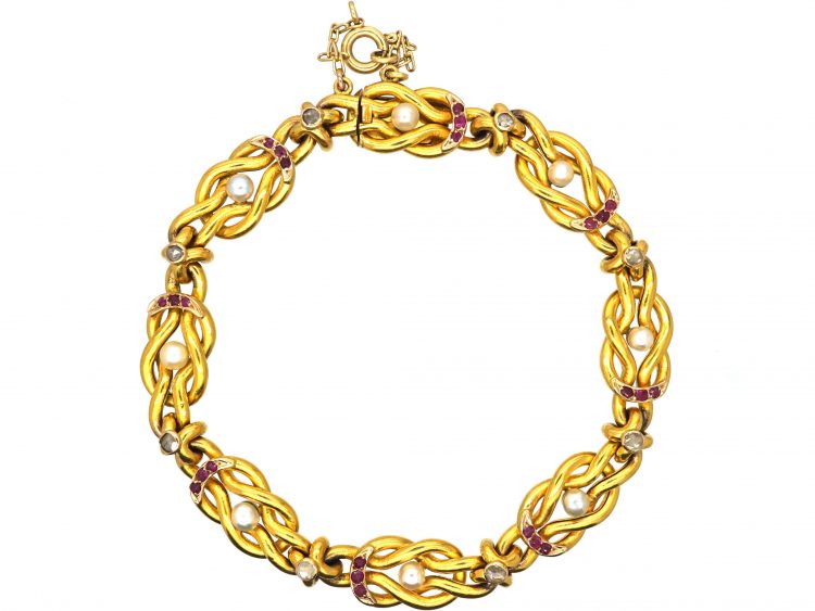 Edwardian 15ct Gold Lover's Knot Bracelet set with Rubies, Rose Diamonds & Natural Pearls