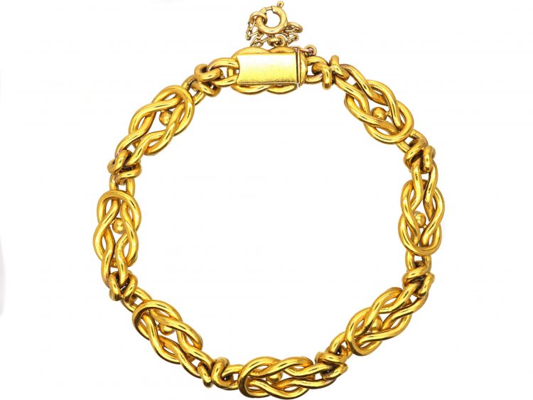 Edwardian 15ct Gold Lover's Knot Bracelet set with Rubies, Rose Diamonds & Natural Pearls