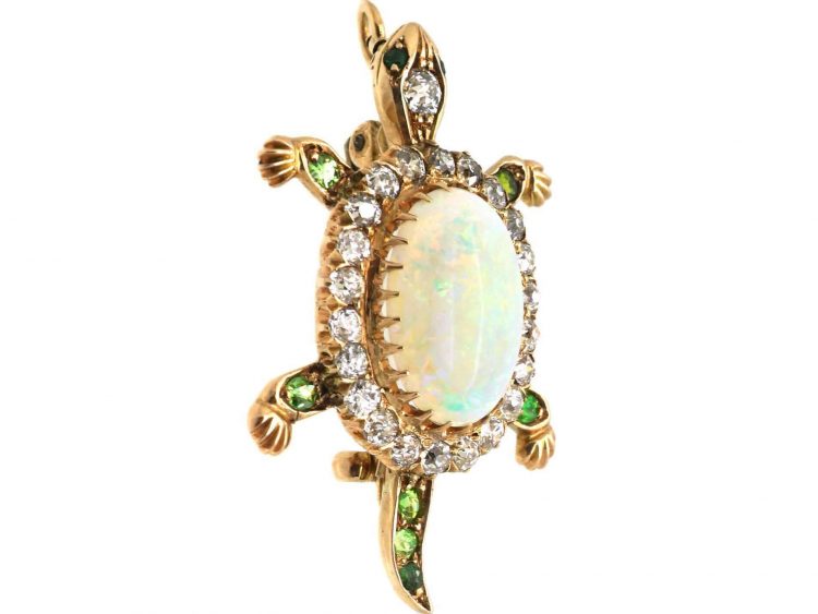 Edwardian 18ct Gold Turtle Brooch or Pendant set with Diamonds, Green Garnets & a Large Opal
