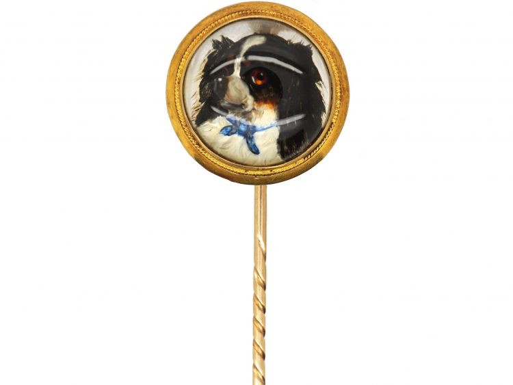 Victorian 18ct Gold Tie Pin with Reverse Intaglio Rock Crystal of a King Charles Spaniel