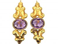 Early 19th Century French 18ct Gold Poissarde Earrings set with Amethyst Paste
