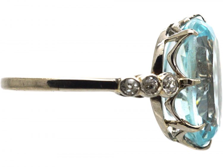 Art Deco 18ct White Gold, Aquamarine Ring with Diamond Set Shoulders