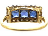 Art Deco 18ct & Platinum, Three Stone French Cut Sapphire & Diamond Ring