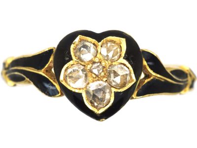 Victorian 18ct Gold & Black Enamel Ring with a Diamond Set Forget Me Not Flower