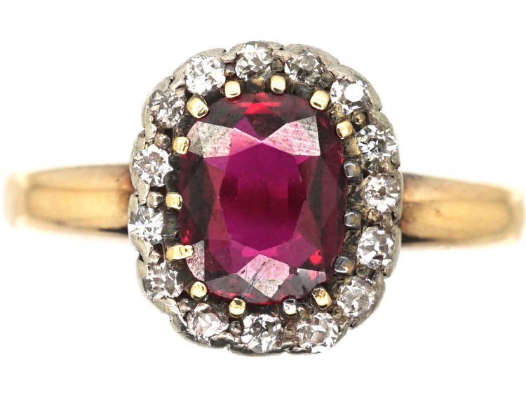Edwardian 15ct Gold, Ruby & Diamond Oval Cluster Ring