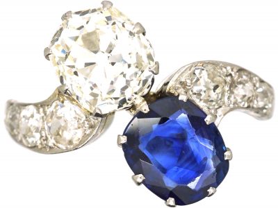 Early 20th Century Unheated Ceylon Sapphire & Diamond Crossover Ring with Diamond Set Shoulders
