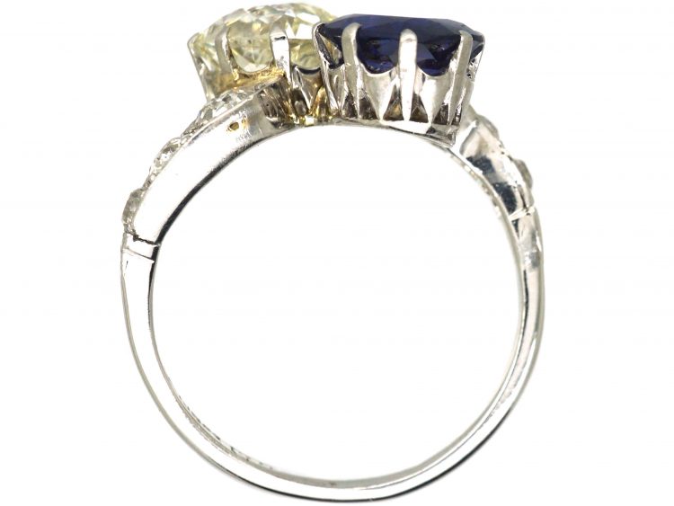 Early 20th Century Unheated Ceylon Sapphire & Diamond Crossover Ring with Diamond Set Shoulders