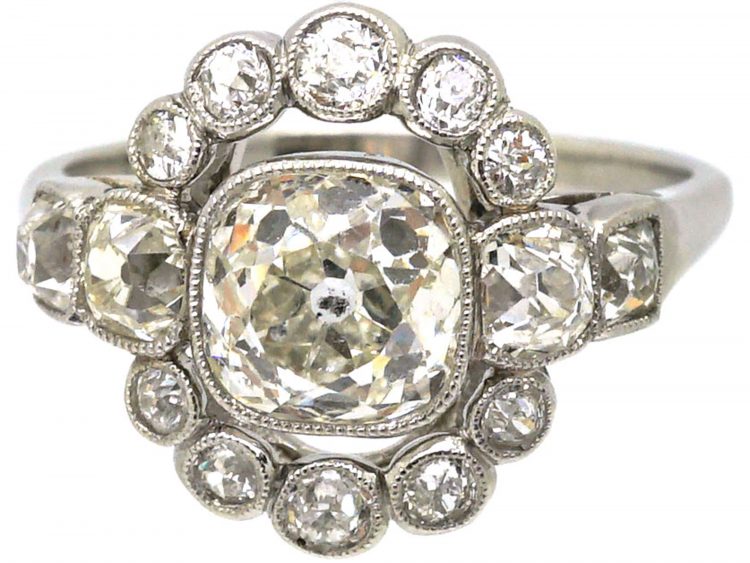 French Art Deco Platinum & Diamond Cluster Ring with a Large Centre Diamond