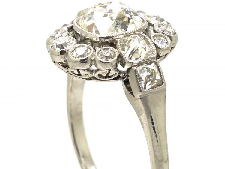 French Art Deco Platinum & Diamond Cluster Ring with a Large Centre Diamond