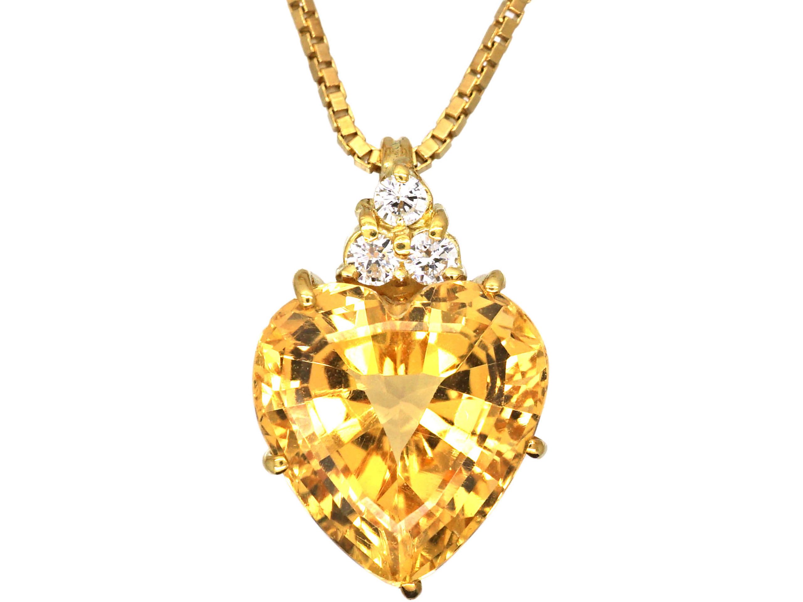 18ct Gold, Topaz & Diamond Heart Shaped Pendant on 18ct Gold Chain ...