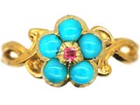 Early 19th Century 15ct Gold & Turquoise Forget Me Not Flower Ring with a Ruby in the Centre