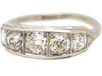 Art Deco Platinum, Five Stone Diamond Ring with Engraved Sides