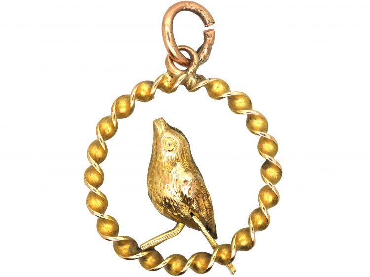 Edwardian Small 9ct Gold Pendant of a  Bird Within a Circle