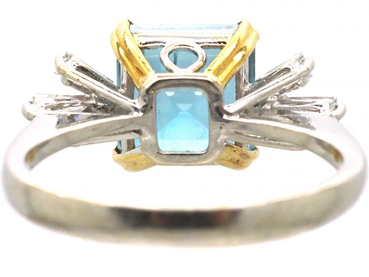 18ct White Gold Square Cut Aquamarine & Diamond Baguette Ring