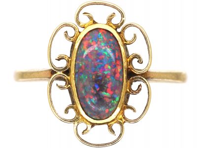 Arts & Crafts 9ct Gold & Black Opal Ring