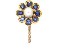 Victorian 18ct Gold, Sapphire, Rose Diamond & Natural Pearl Tie Pin of a Flower