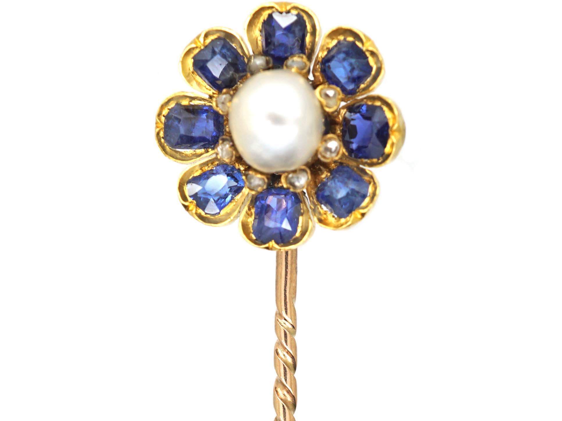Victorian 18ct Gold, Sapphire, Rose Diamond & Natural Pearl Tie Pin of ...