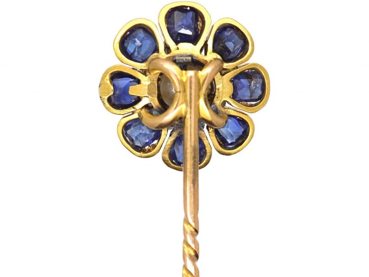 Victorian 18ct Gold, Sapphire, Rose Diamond & Natural Pearl Tie Pin of a Flower