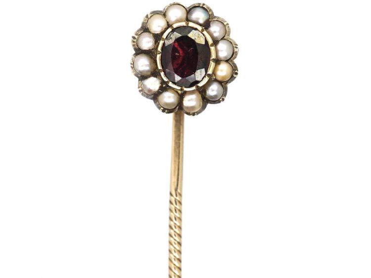 Georgian 9ct Gold, Garnet & Natural Split Pearl Tie Pin