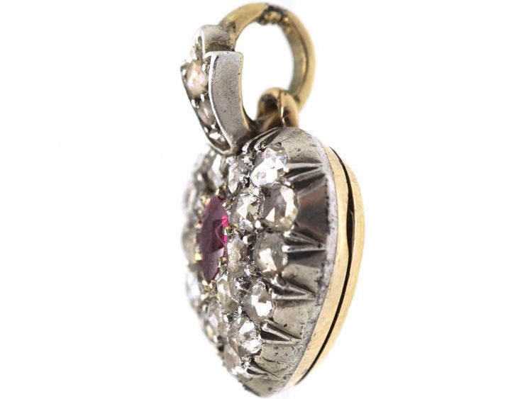 Early 20th Century Rose Diamond & Ruby Heart Shaped Pendant with Glazed Locket on Reverse