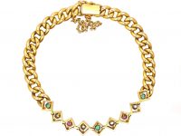 Edwardian 18ct Gold Curb Bracelet set with Rose Diamonds, Emeralds & Rubies