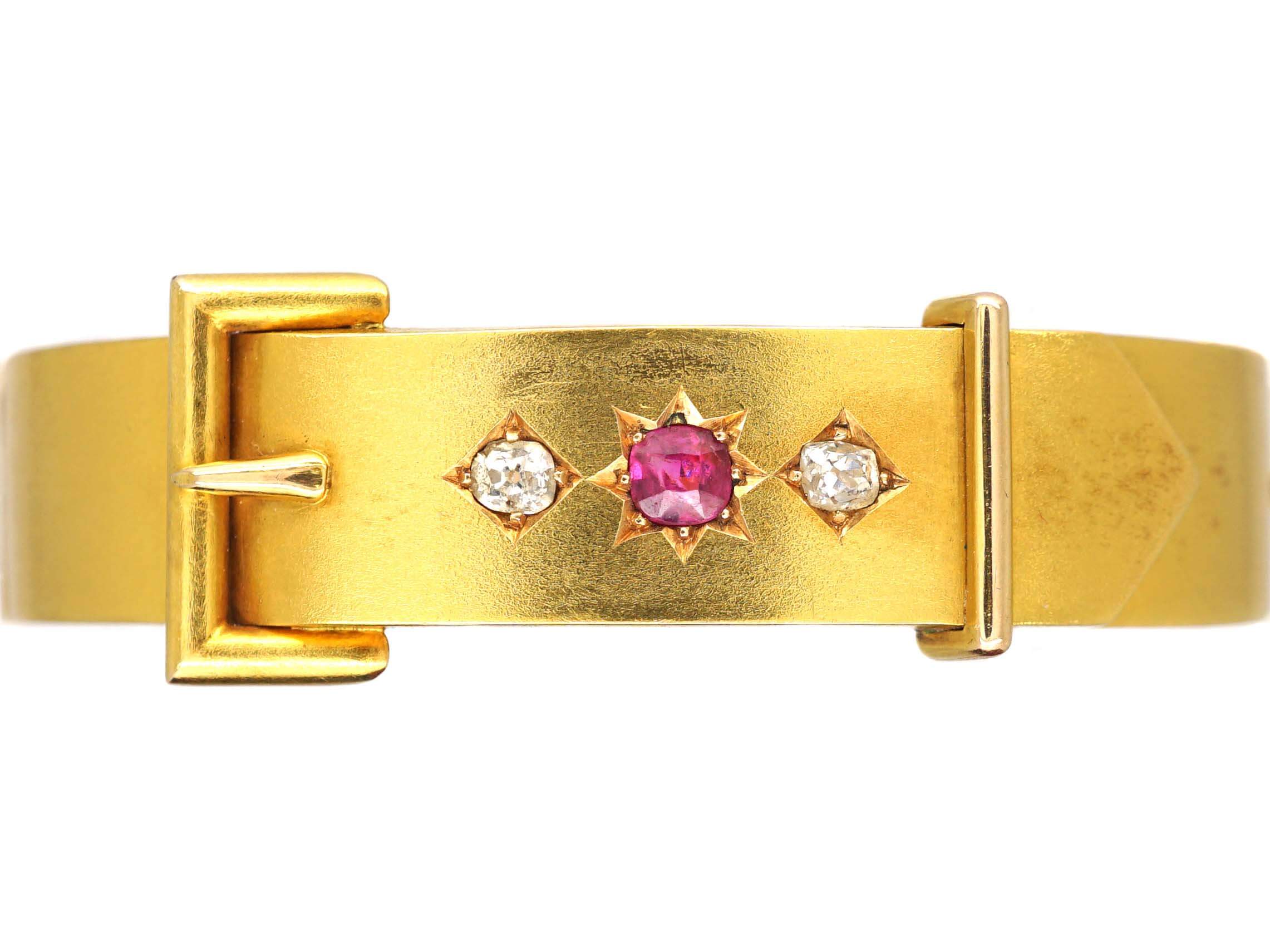 Victorian 15ct Gold Buckle Bangle set with a Ruby & Two Diamonds