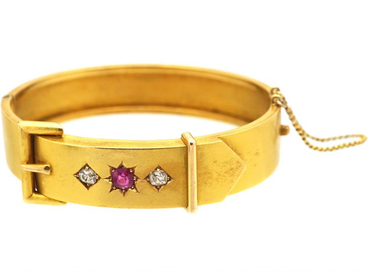 Victorian 15ct Gold Buckle Bangle set with a Ruby & Two Diamonds in Original Case