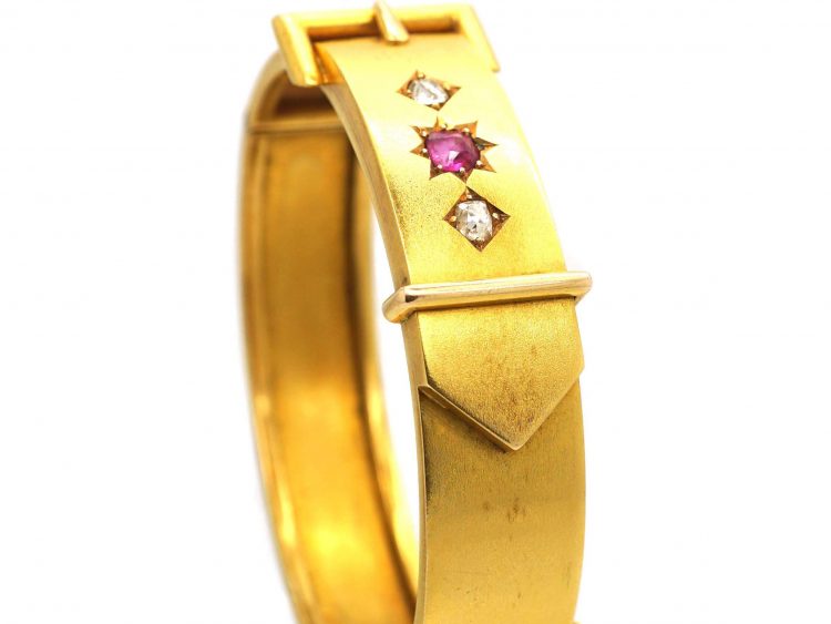Victorian 15ct Gold Buckle Bangle set with a Ruby & Two Diamonds in Original Case