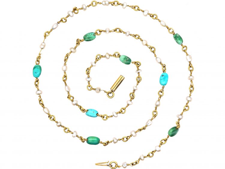 Edwardian 15ct Gold Chain set with Turquoise & Natural Pearls