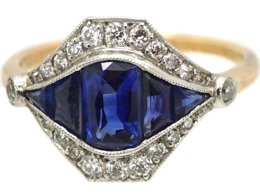 Art Deco 18ct Gold & Platinum, Sapphire & Diamond Eye Ring (273U) The