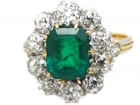 Edwardian 18ct Gold, Emerald & Diamond Oval Cluster Ring