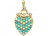 Edwardian 15ct Gold Heart pendant set with Turquoise & Natural Split Pearls