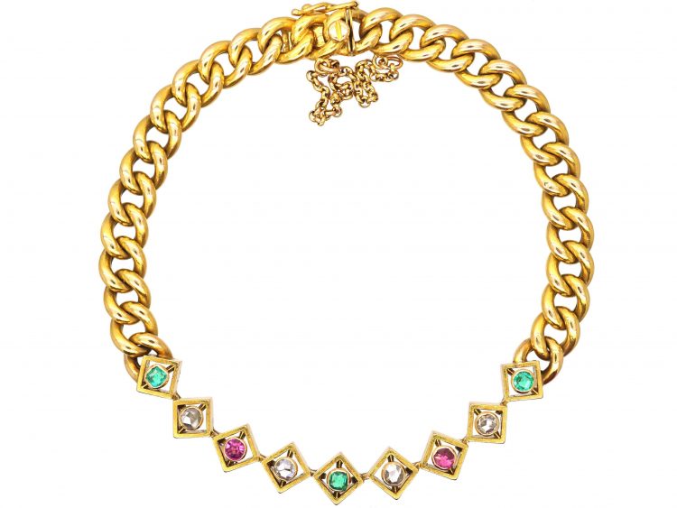 Edwardian 18ct Gold Curb Bracelet set with Rose Diamonds, Emeralds & Rubies