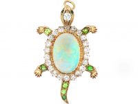 Edwardian 18ct Gold Turtle Brooch or Pendant set with Diamonds, Green Garnets & a Large Opal
