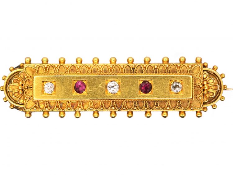 Victorian 15ct Gold Etruscan Style Brooch set with Rubies & Diamonds