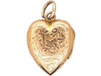 Edwardian 9ct Gold Heart Shaped Locket Engraved with Ivy Leaves