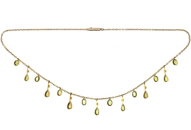 Edwardian 15ct Gold Fringe Necklace with Peridot & Natural Split Pearl Drops