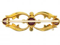 Edwardian 15ct Gold Brooch set with Three Garnets & Natural Split Pearls