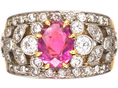 French Belle Epoque 18ct Gold & Platinum Ring set with a Pink Sapphire & Diamonds