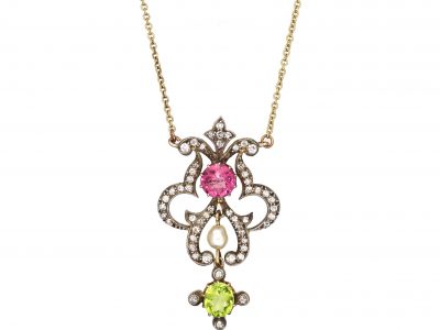 15ct Gold Suffragette Pendant set with Diamonds, a Pearl, a  Peridot & a Pink Tourmaline