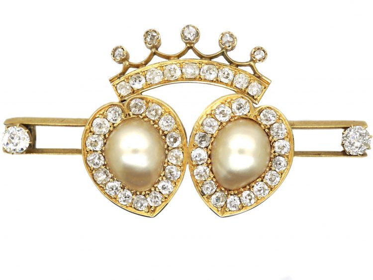 Victorian 18ct Gold Double Heart Brooch set with Natural Pearls & Diamonds