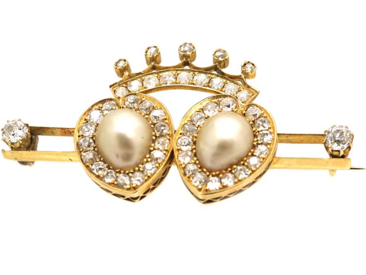Victorian 18ct Gold Double Heart Brooch set with Natural Pearls & Diamonds