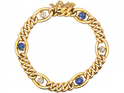 Edwardian 15ct Gold Curb Bracelet set with Sapphire & Diamonds