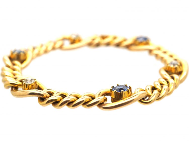 Edwardian 15ct Gold Curb Bracelet set with Sapphire & Diamonds