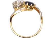 Edwardian 18ct Gold & Platinum, Rectangular Diamond & Sapphire Crossover Ring