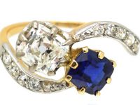 Edwardian 18ct Gold & Platinum, Rectangular Diamond & Sapphire Crossover Ring