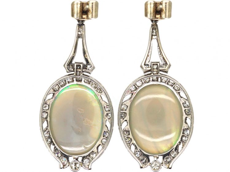 Art Deco Platinum, Opal & Diamond Drop Earrings