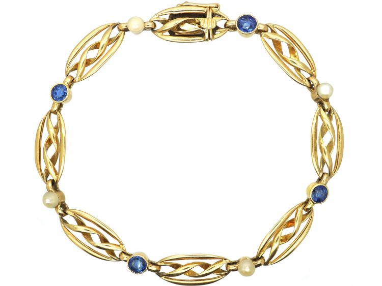 Edwardian 15ct Gold Criss Cross Motif Bracelet set with Sapphires & Natural Pearls