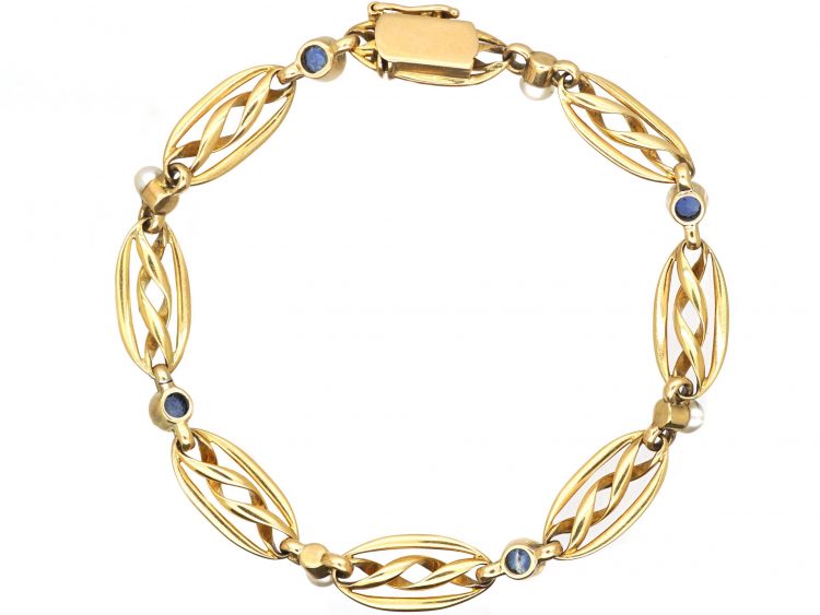 Edwardian 15ct Gold Criss Cross Motif Bracelet set with Sapphires & Natural Pearls